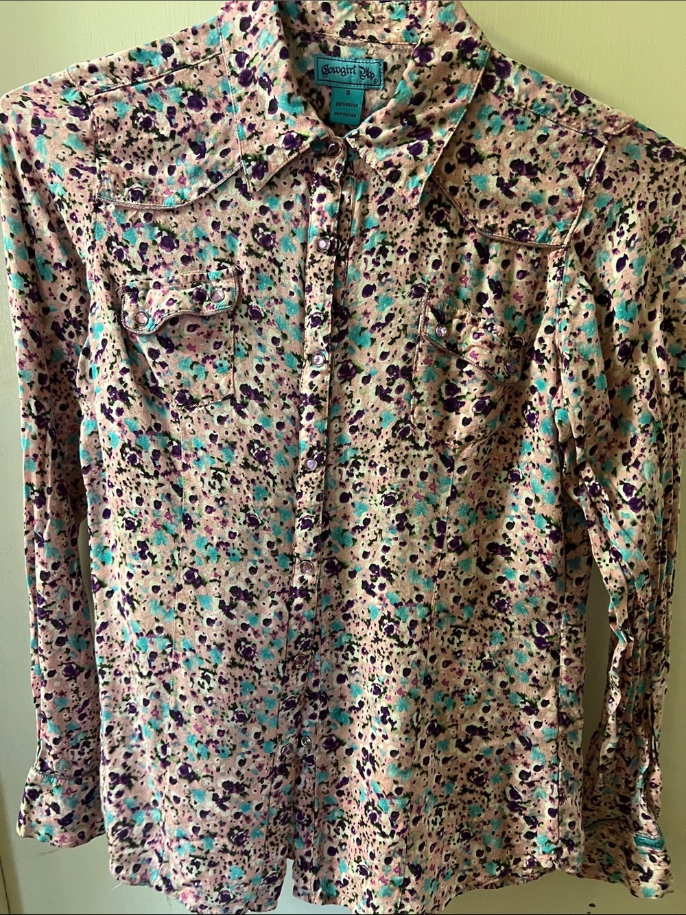 Lightweight Floral Long-Sleeve Button-Down Shirt in Lavender and Teal